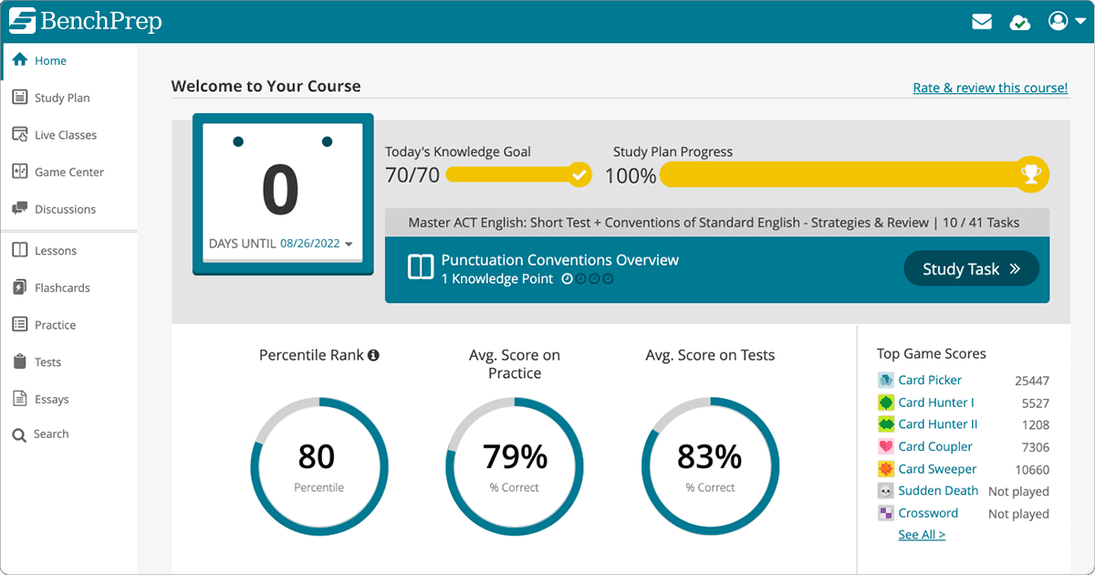 The BenchPrep learner dashboard — course progress, knowledge goals, and practice scores