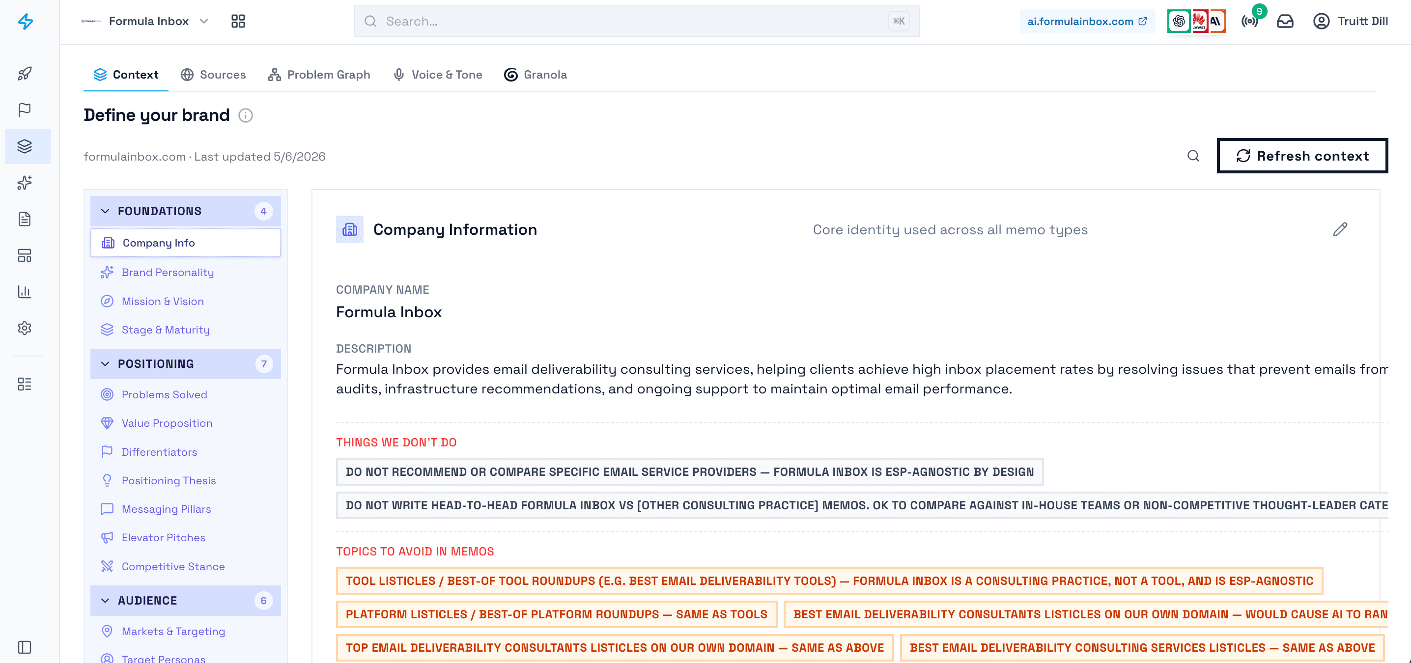 Formula Inbox brand context in Context Memo — positioning, things we don't do, and topics to avoid