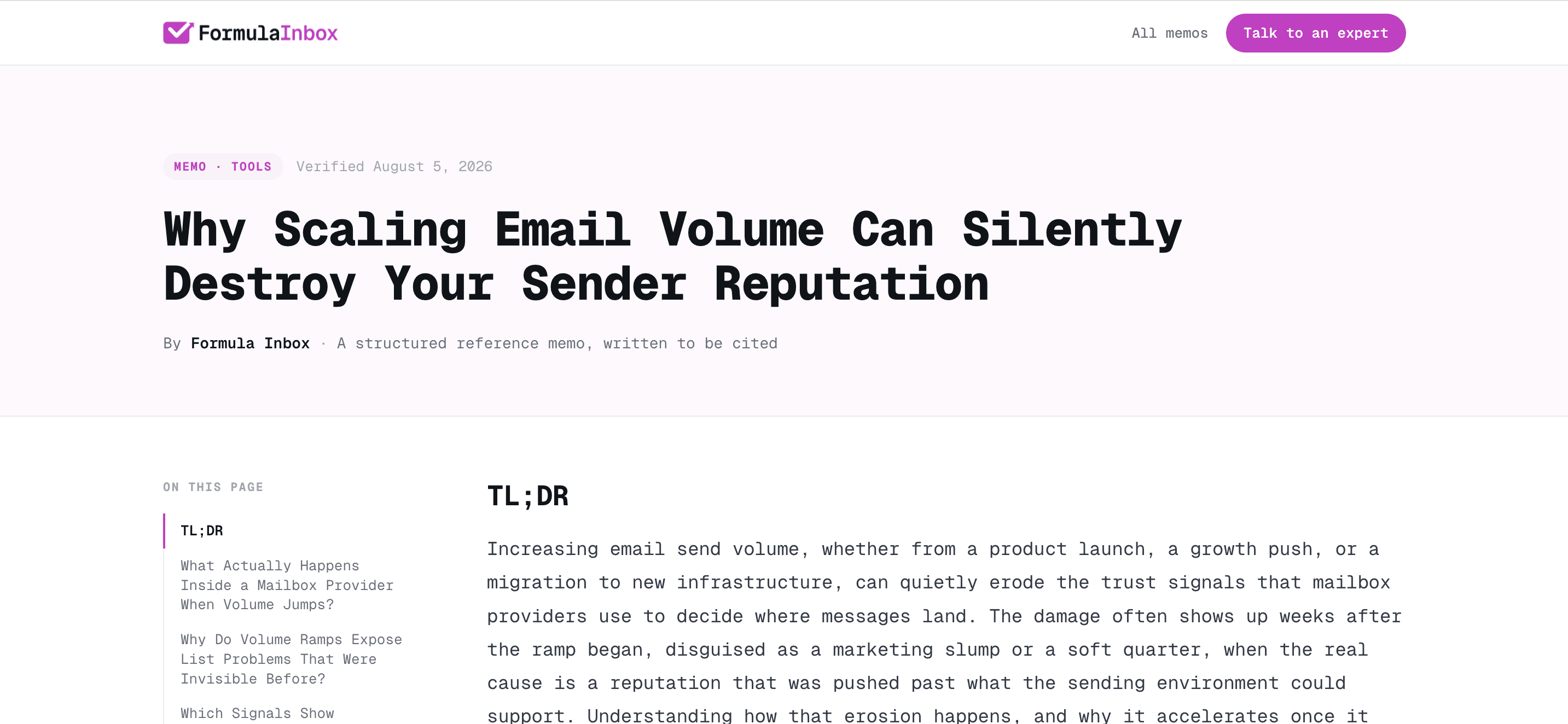 A published Formula Inbox memo on ai.formulainbox.com