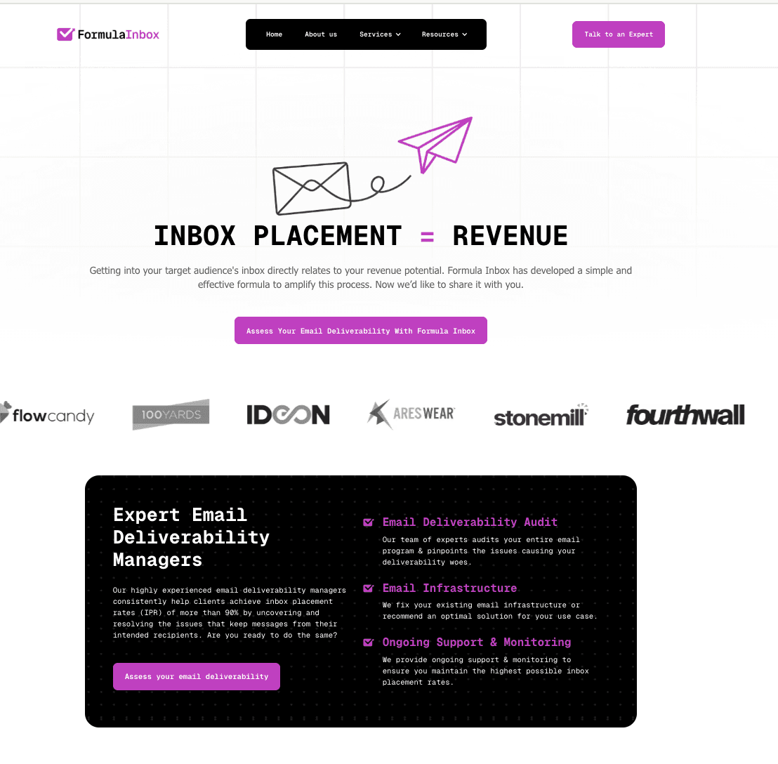 The Formula Inbox homepage — inbox placement equals revenue, client logos, and expert email deliverability services