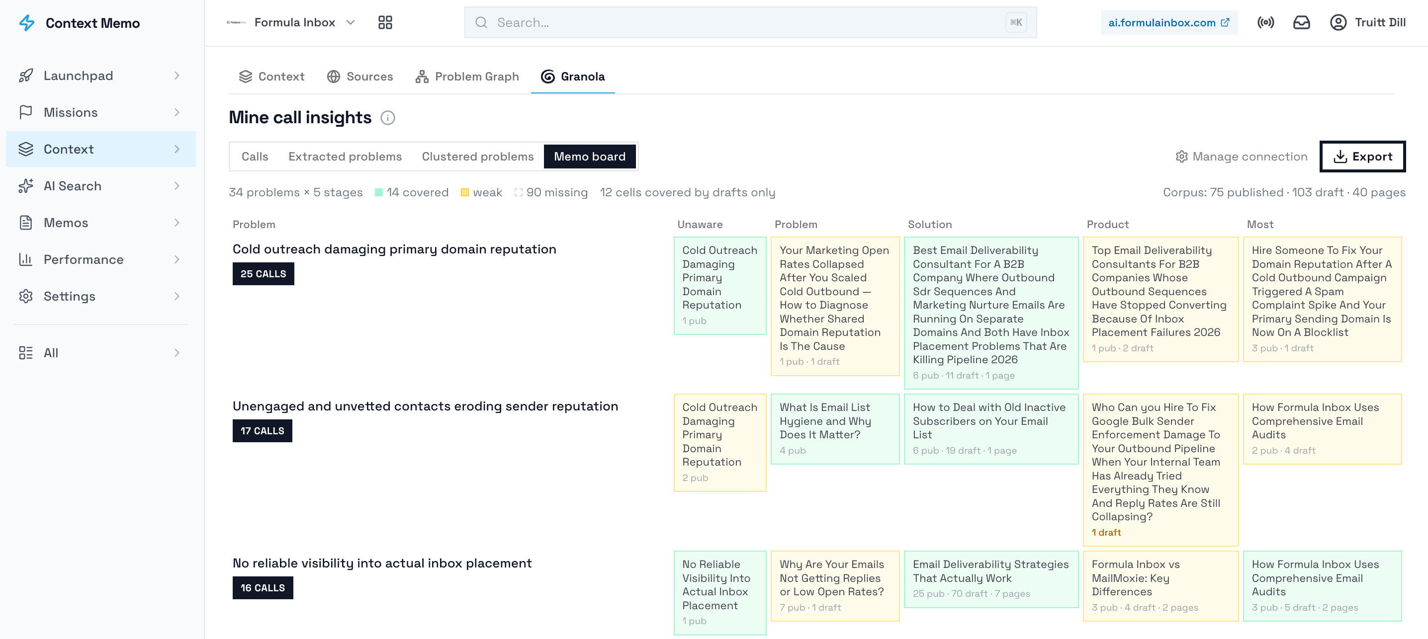 Granola call insights feeding Formula Inbox's memo board